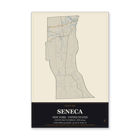 Seneca County, New York Map Aluminum Sign in Museum Plaque style