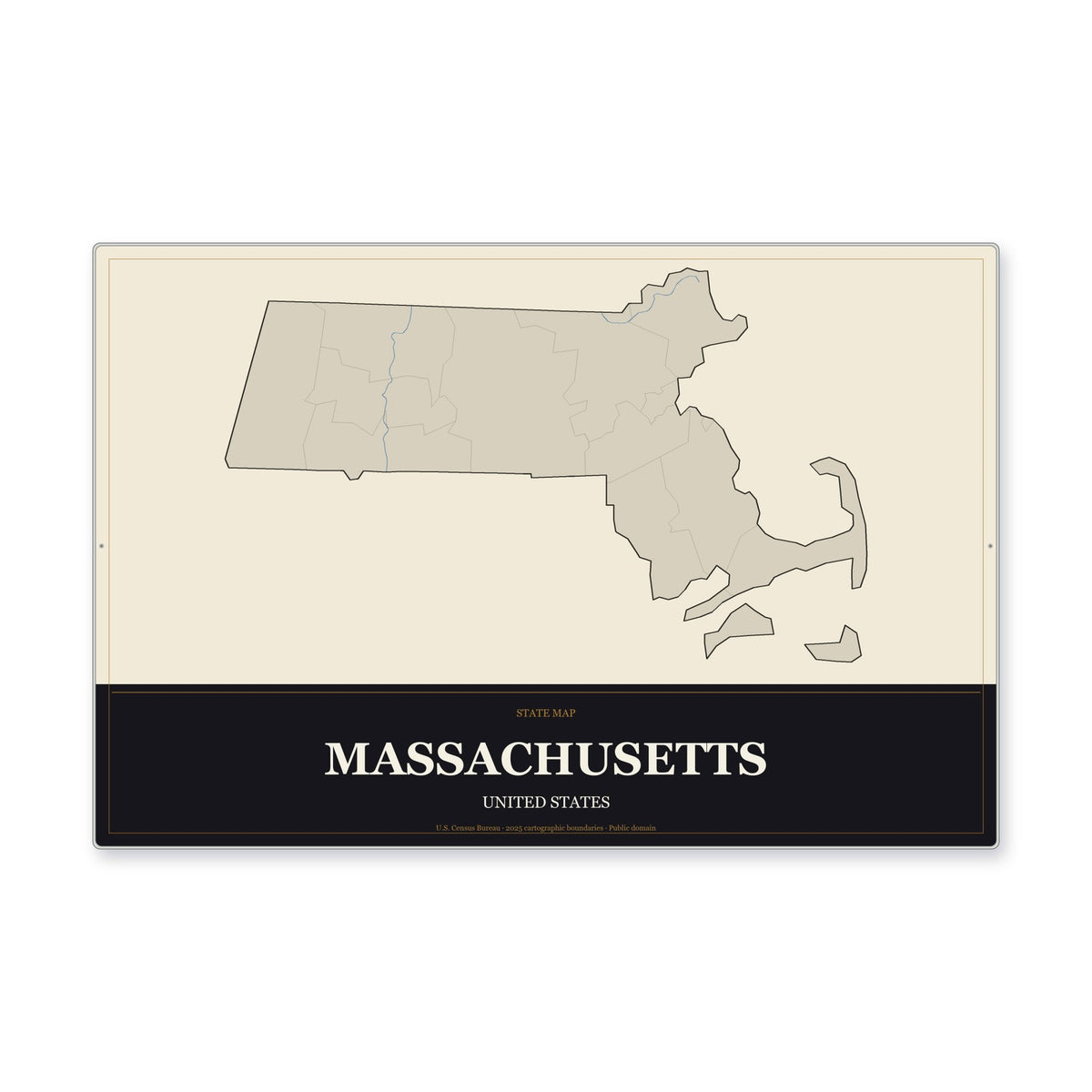 Massachusetts state map aluminum sign in Museum Plaque style