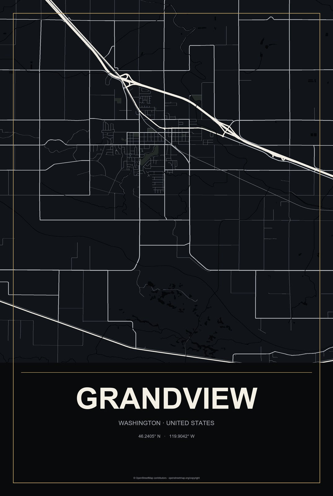 Grandview, Washington City Map Aluminum Sign in Metropolitan Noir style