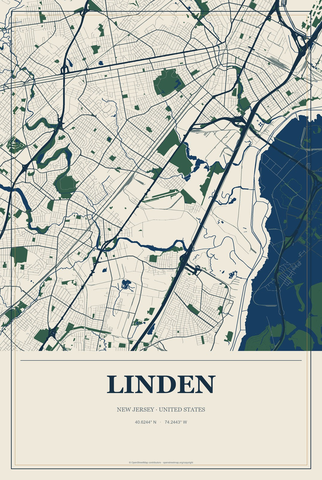 Linden, New Jersey City Map Aluminum Sign in Coastal Cutout style