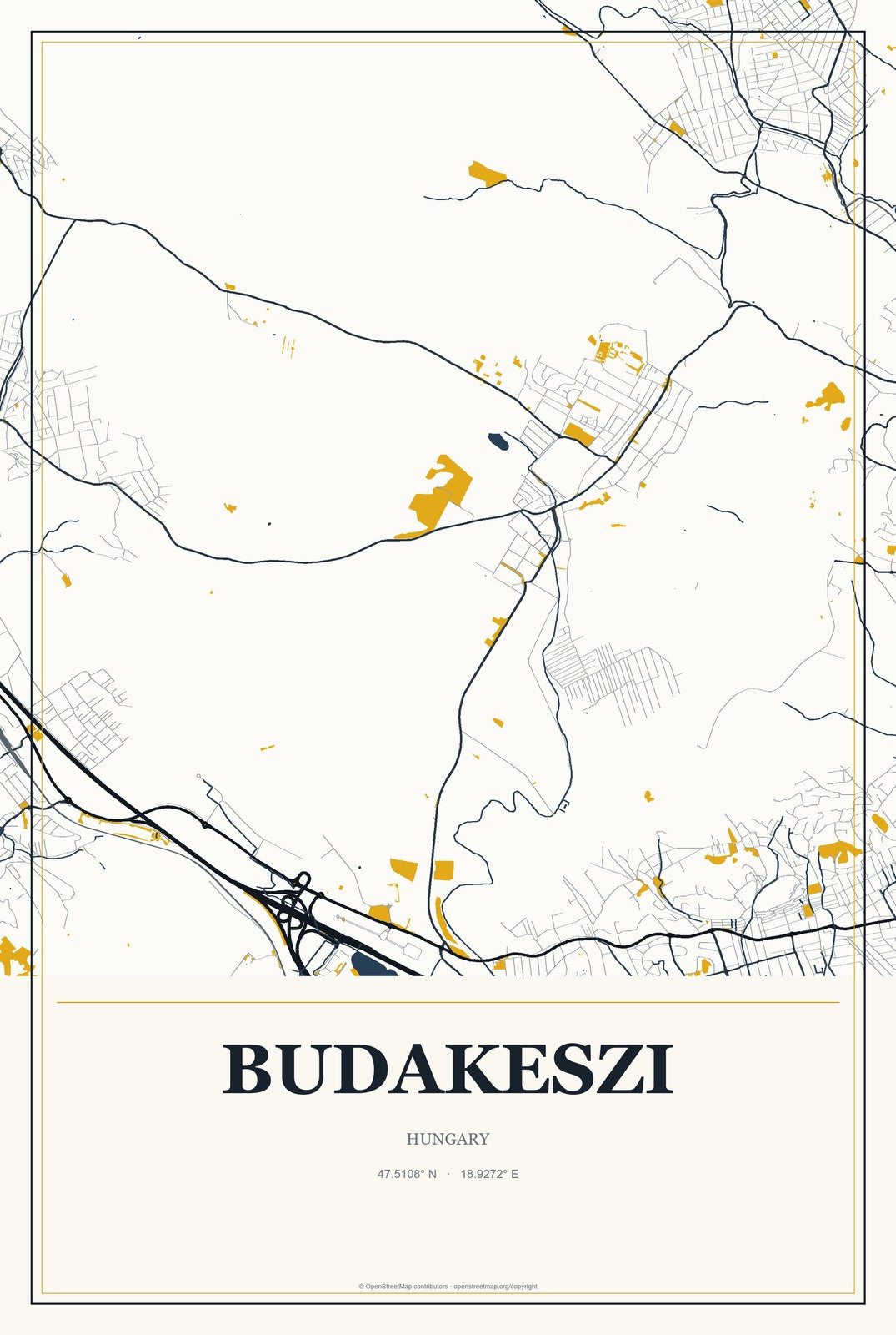 Budakeszi, Hungary City Map Aluminum Sign in Citrine Modern style