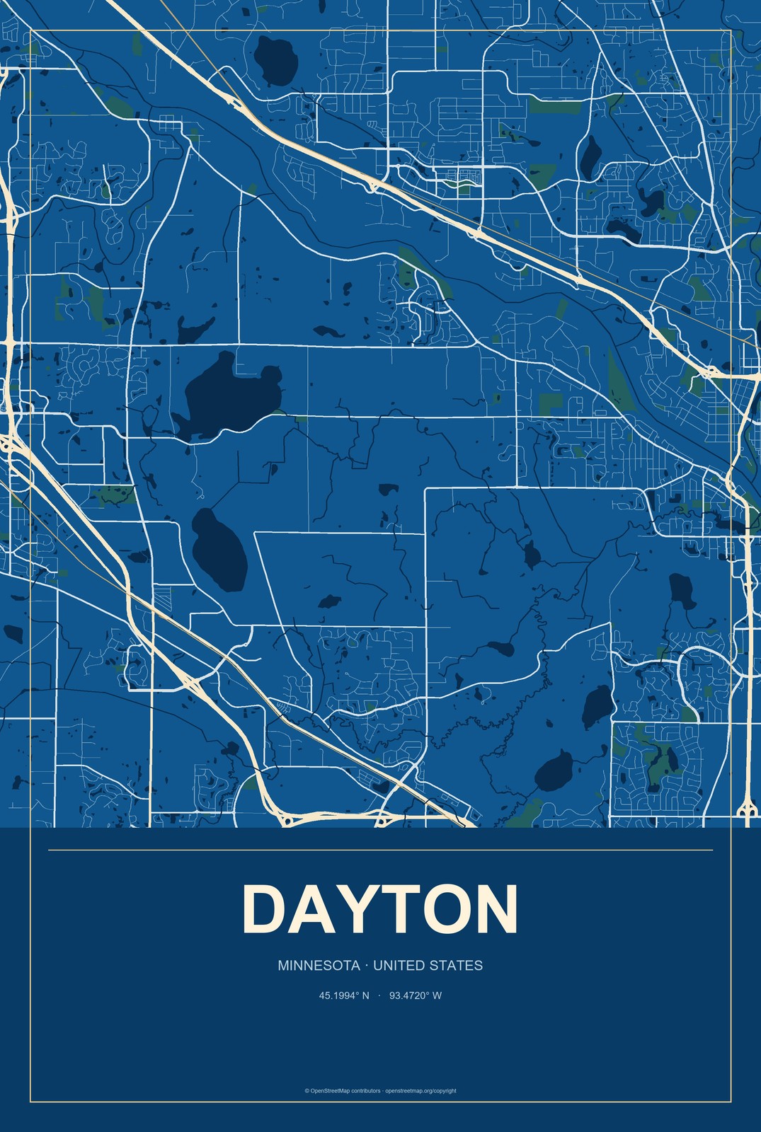 Dayton, Minnesota City Map Aluminum Sign in Harbor Cobalt style