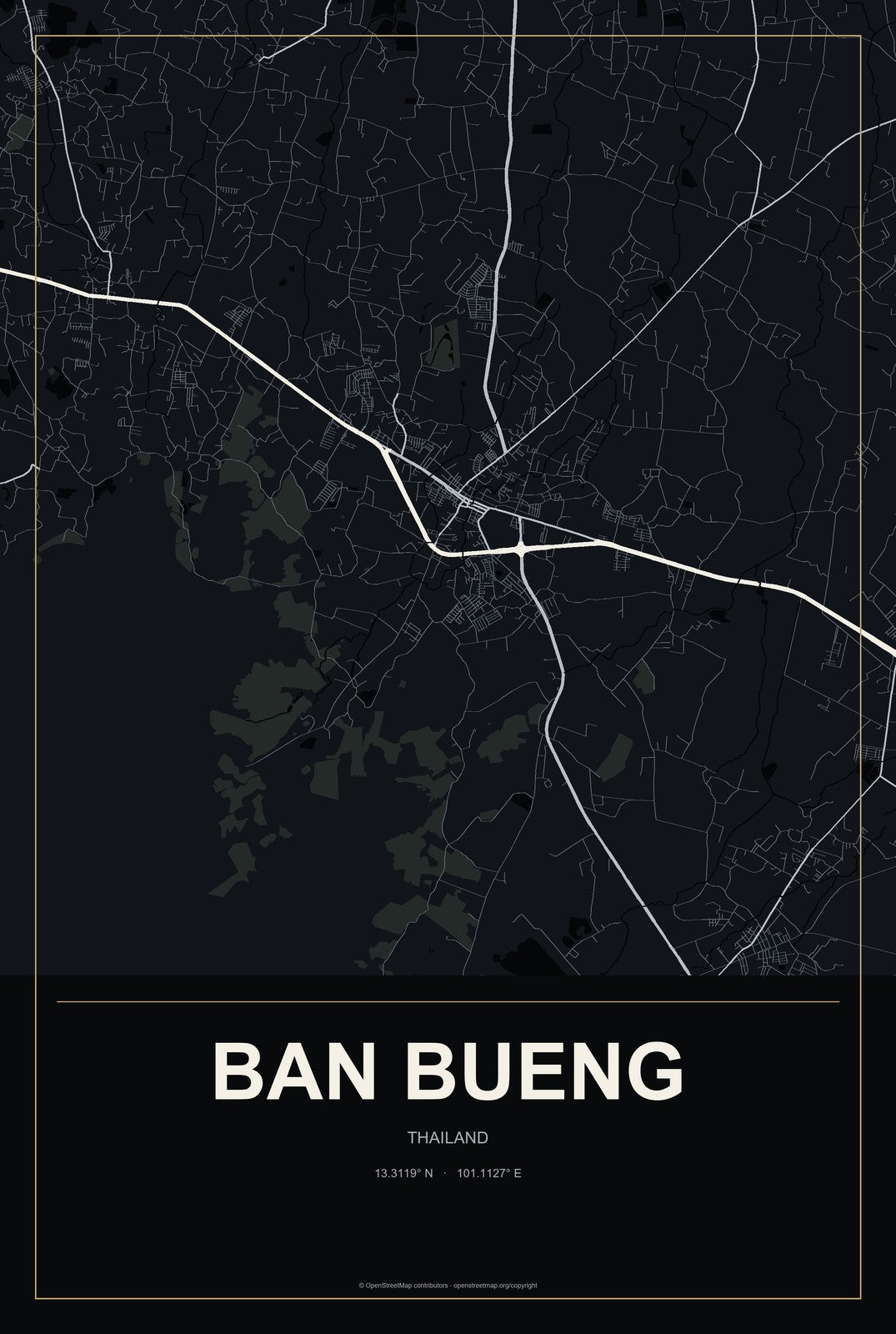 Ban Bueng, Thailand City Map Aluminum Sign in Metropolitan Noir style