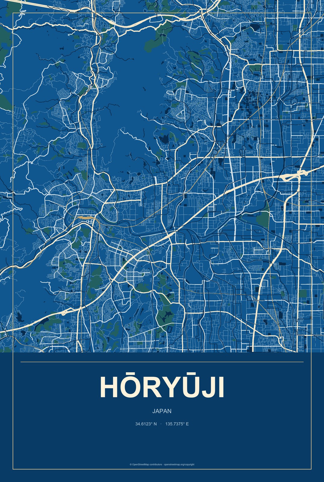 Hōryūji, Japan City Map Aluminum Sign in Harbor Cobalt style