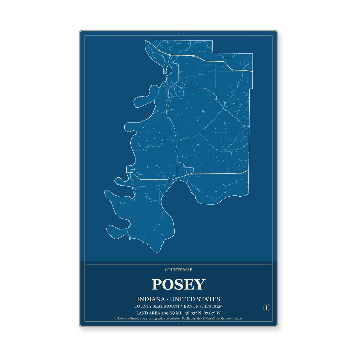 Posey County, Indiana Map Aluminum Sign in Harbor Cobalt style