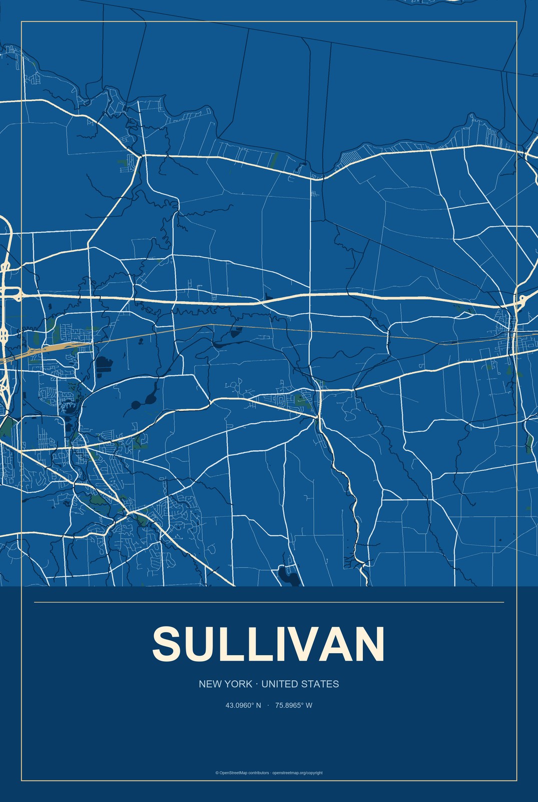 Sullivan, New York City Map Aluminum Sign in Harbor Cobalt style