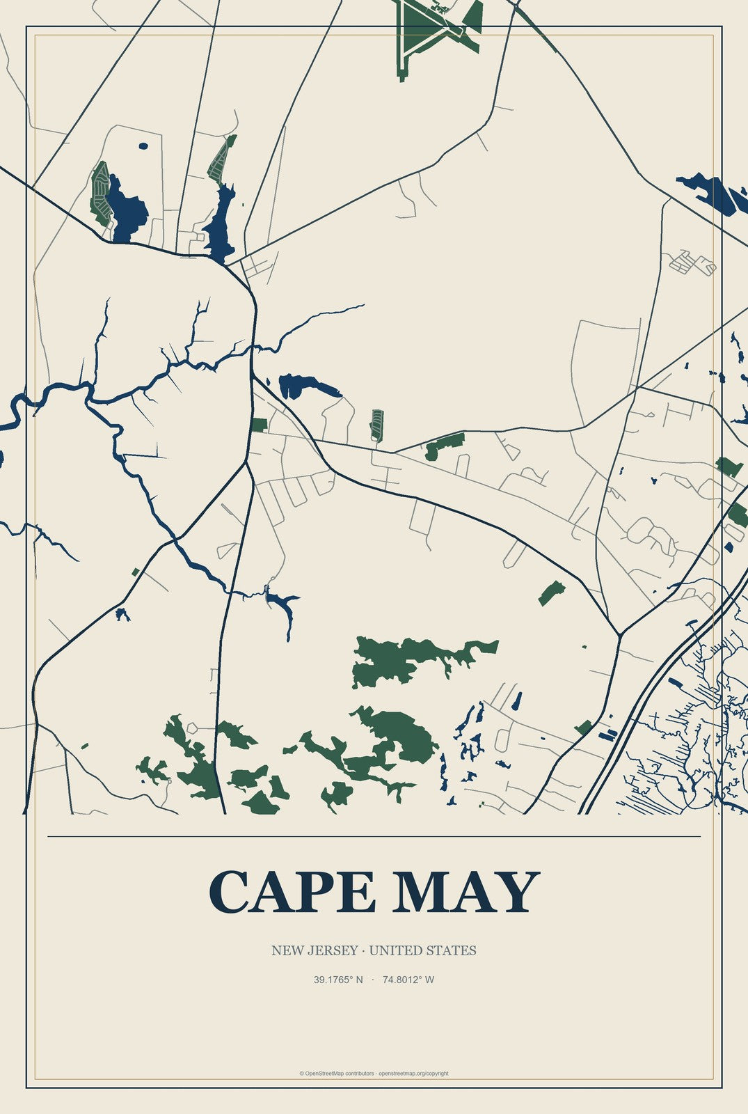 Cape May, New Jersey City Map Aluminum Sign in Coastal Cutout style