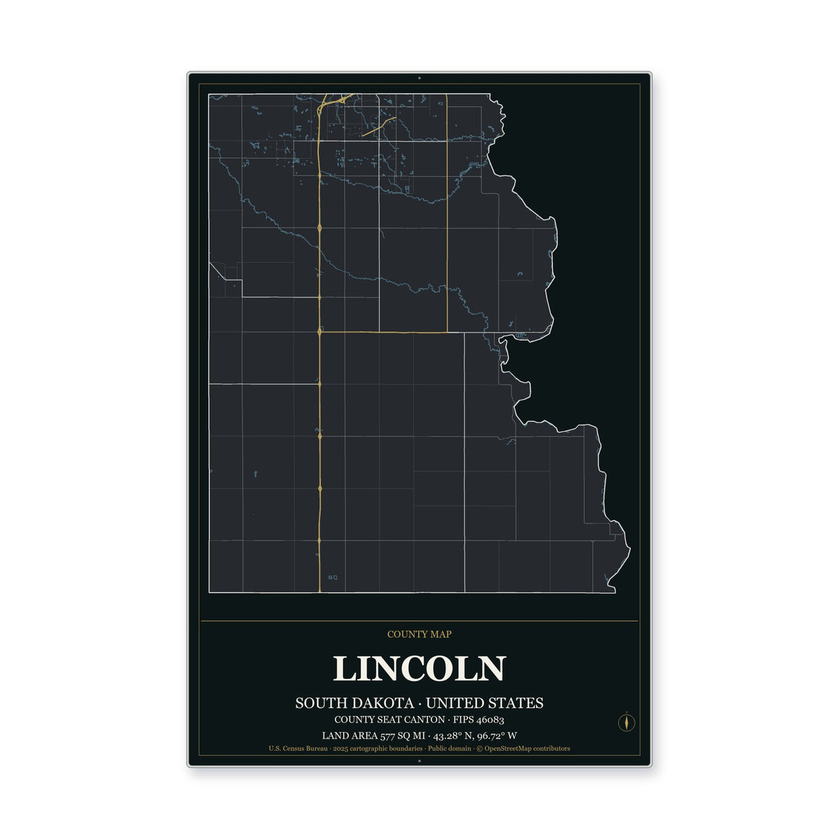 Lincoln County, South Dakota Map Aluminum Sign in Metropolitan Noir style