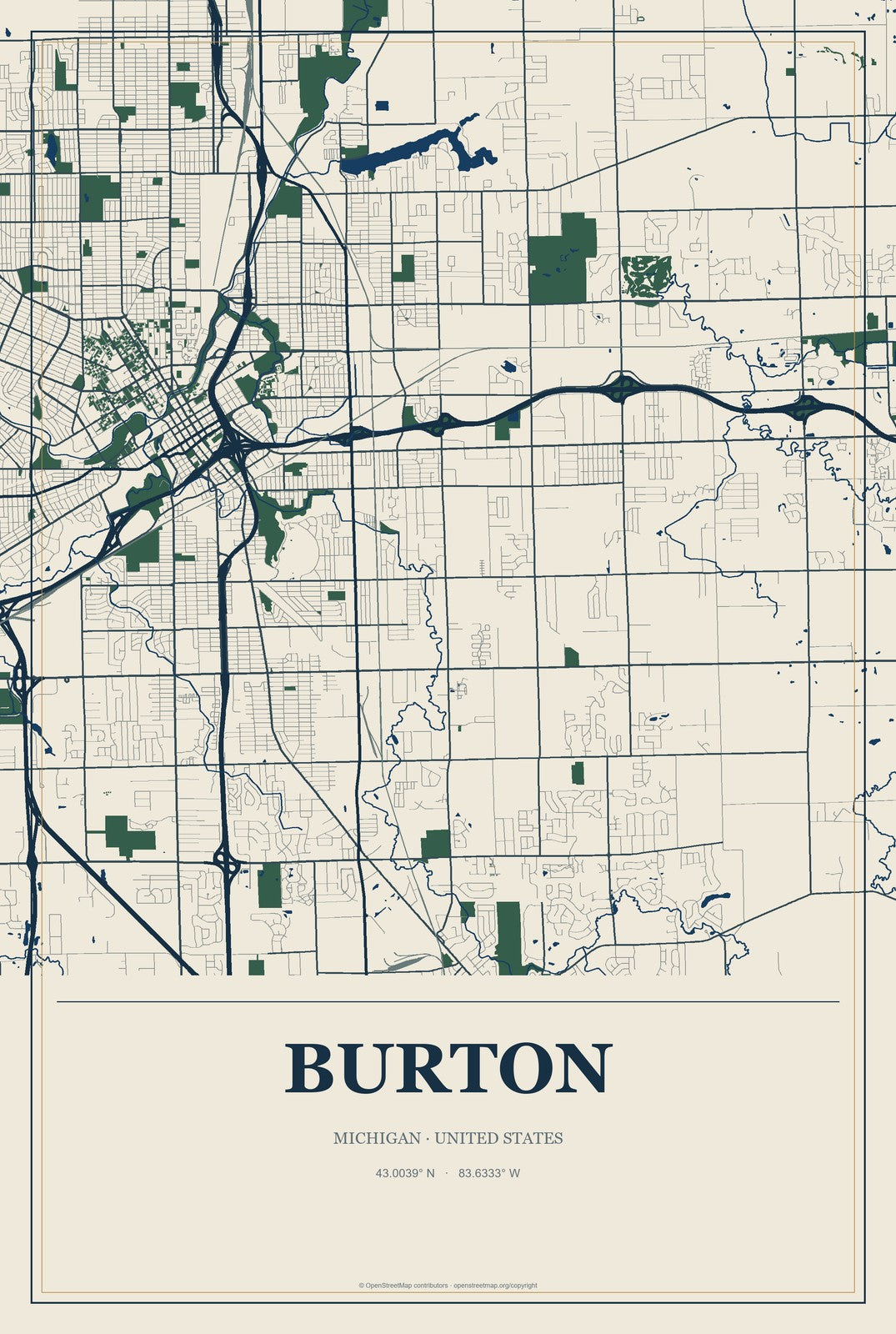 Burton, Michigan City Map Aluminum Sign in Coastal Cutout style