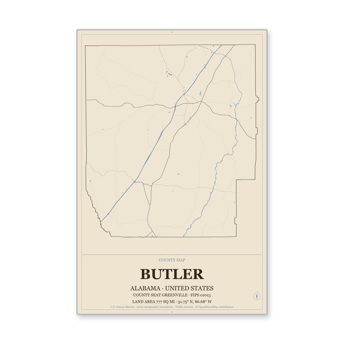 Butler County, Alabama Map Aluminum Sign in Heritage Nautical style