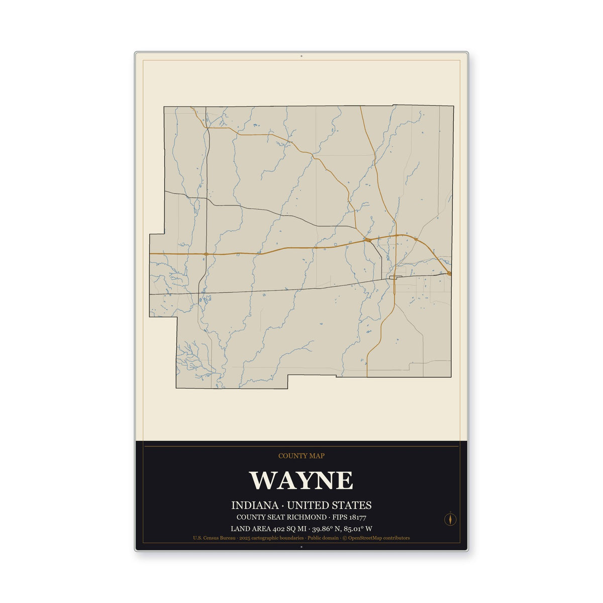 Wayne County, Indiana Map Aluminum Sign in Museum Plaque style