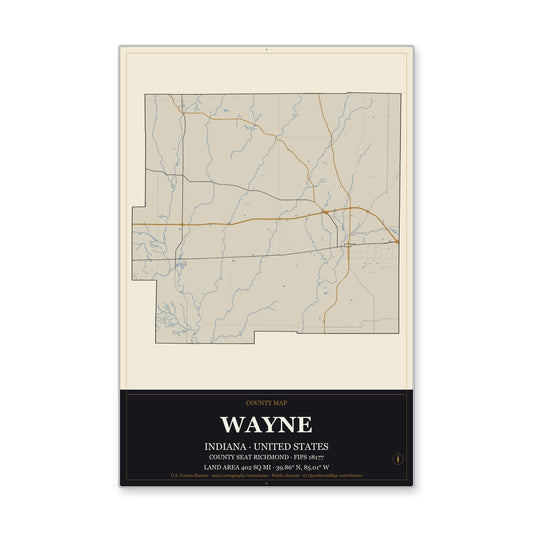 Wayne County, Indiana Map Aluminum Sign in Museum Plaque style