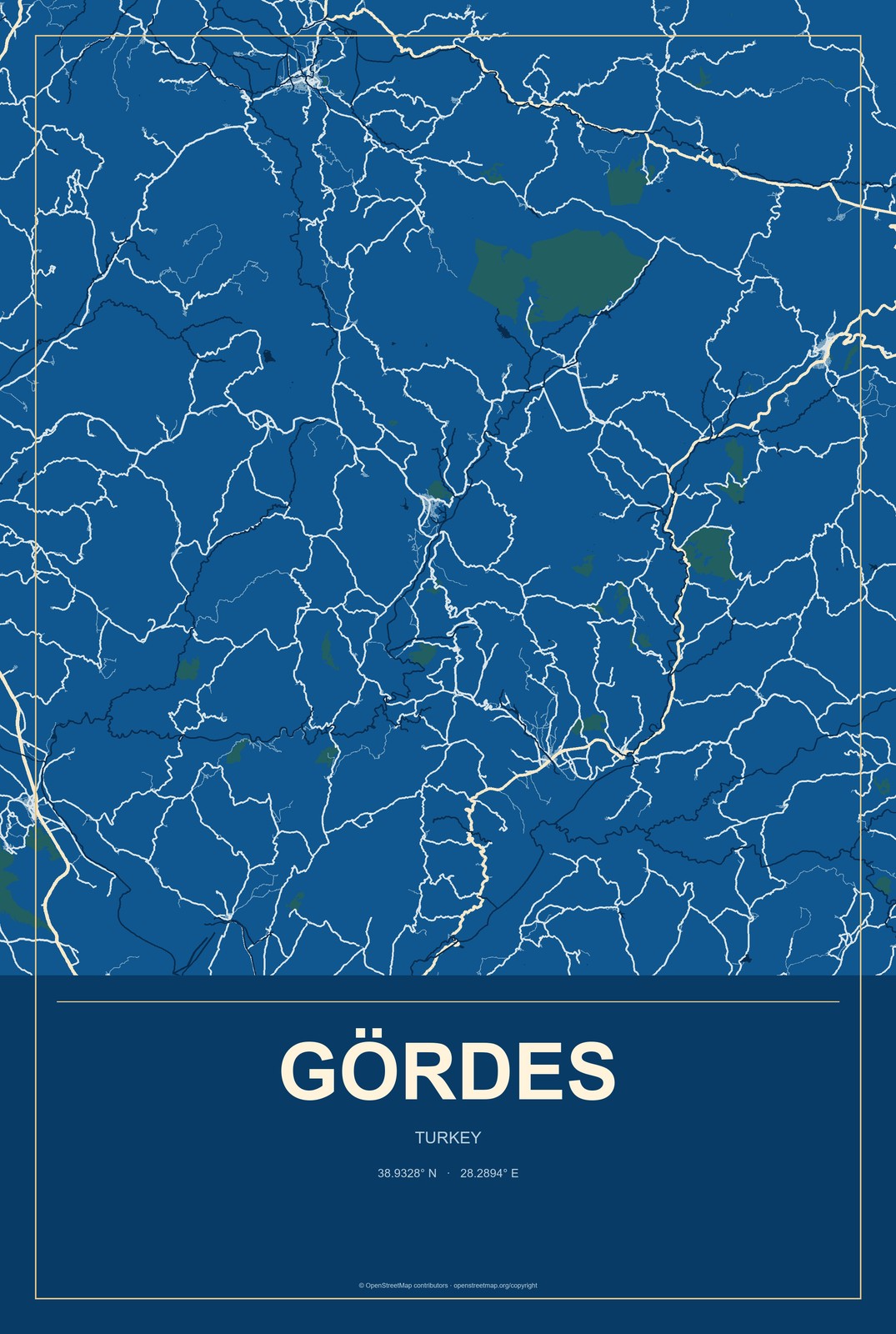 Gördes, Turkey City Map Aluminum Sign in Harbor Cobalt style
