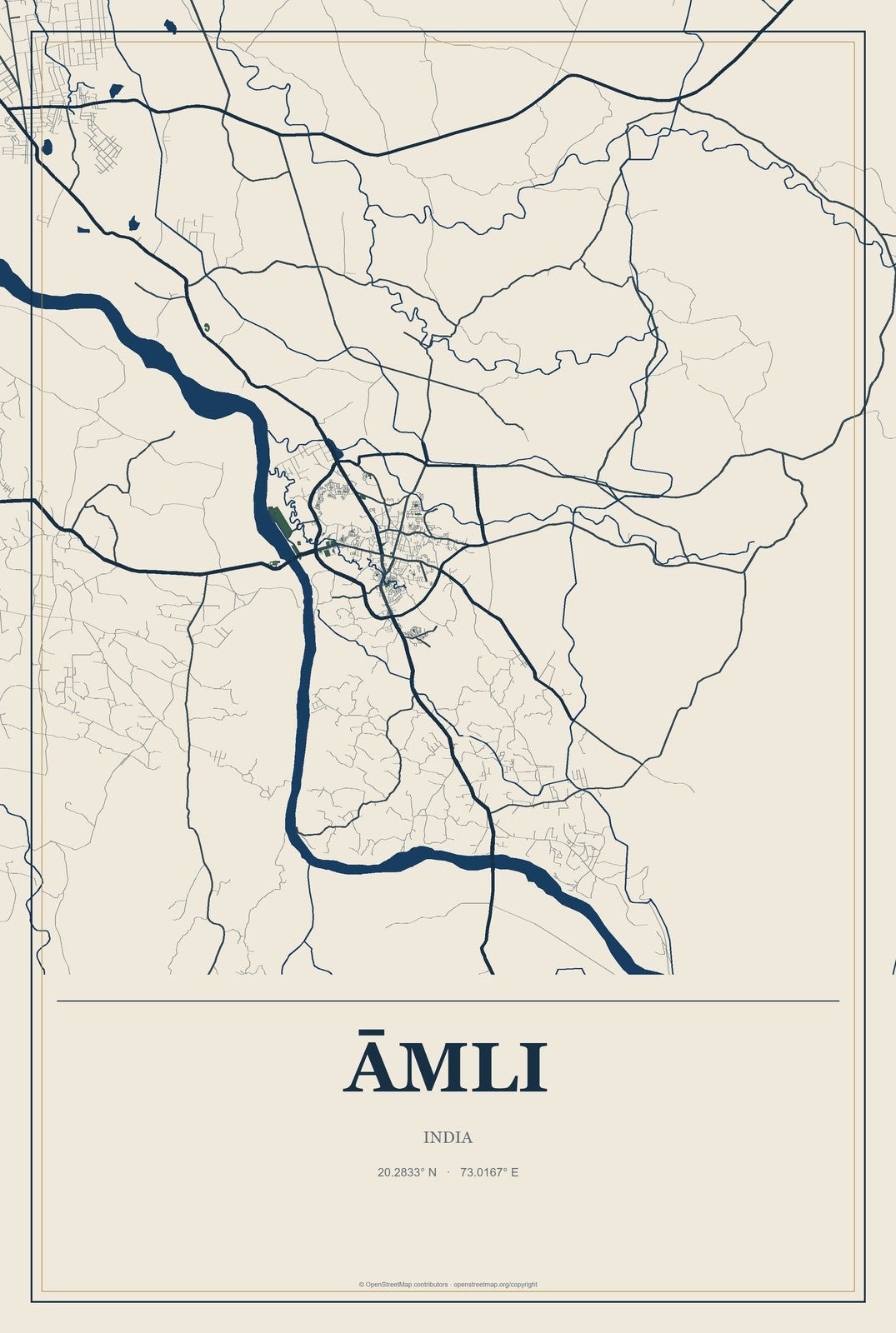 Āmli, India City Map Aluminum Sign in Coastal Cutout style