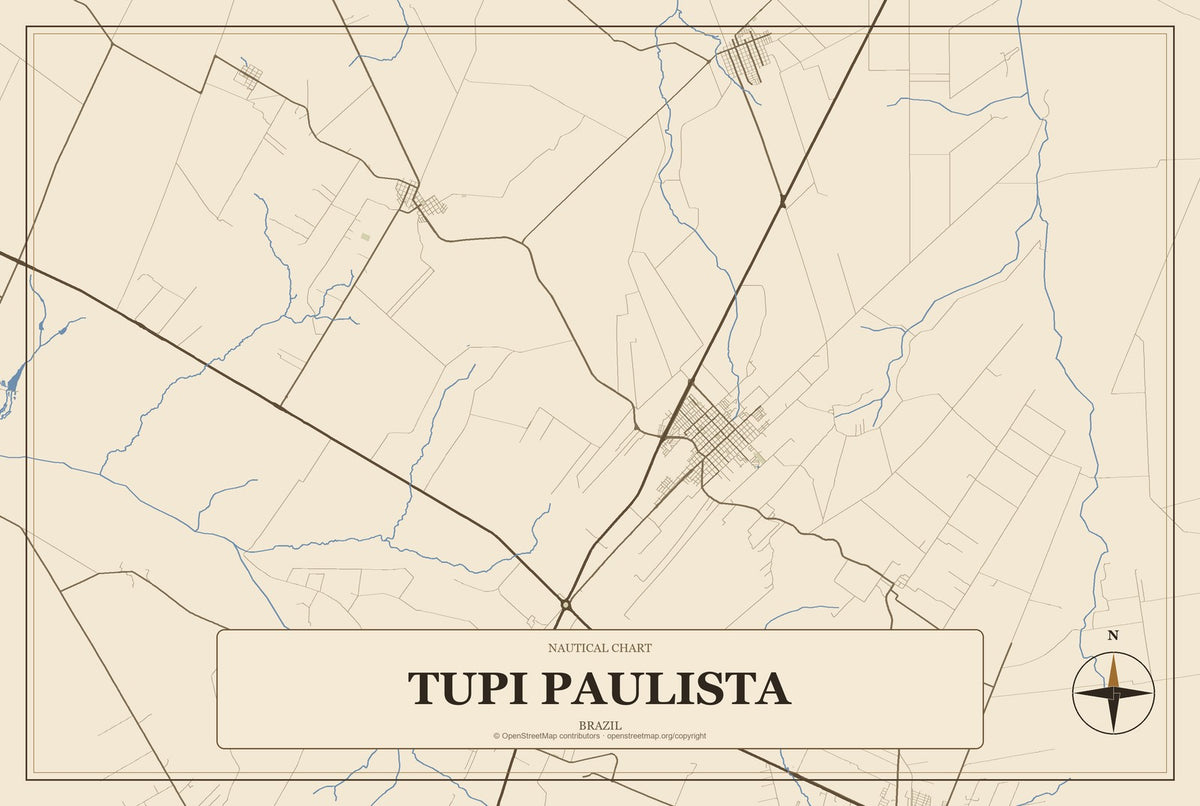 Tupi Paulista, Brazil City Map Aluminum Sign in Heritage Nautical style