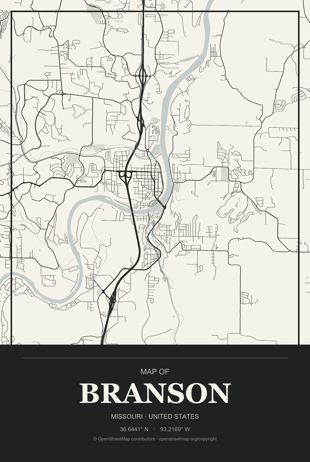 Branson, Missouri City Map Aluminum Sign in Museum Plaque style