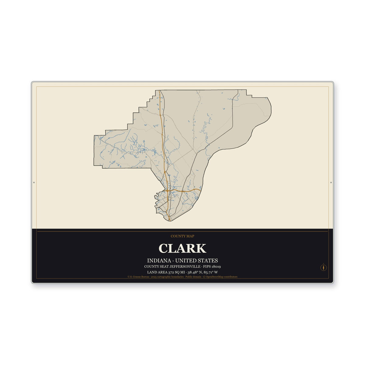 Clark County, Indiana Map Aluminum Sign in Museum Plaque style