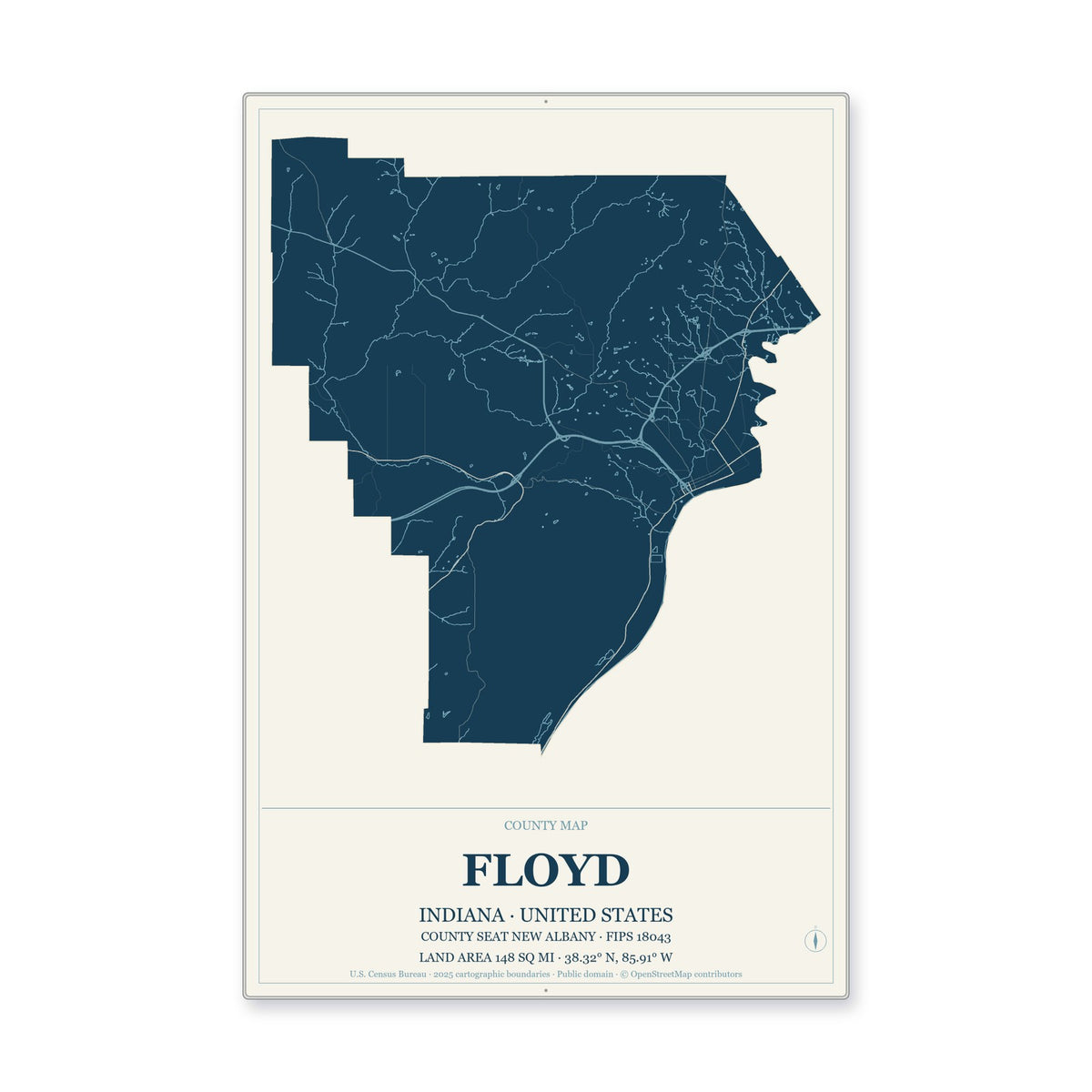 Floyd County, Indiana Map Aluminum Sign in Coastal Cutout style