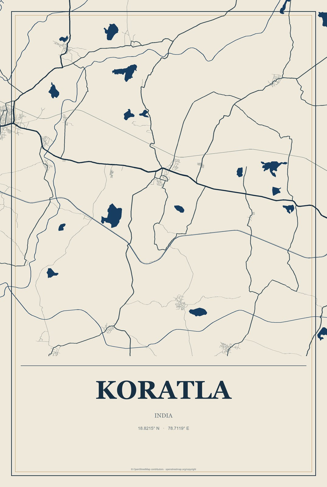 Koratla, India City Map Aluminum Sign in Coastal Cutout style