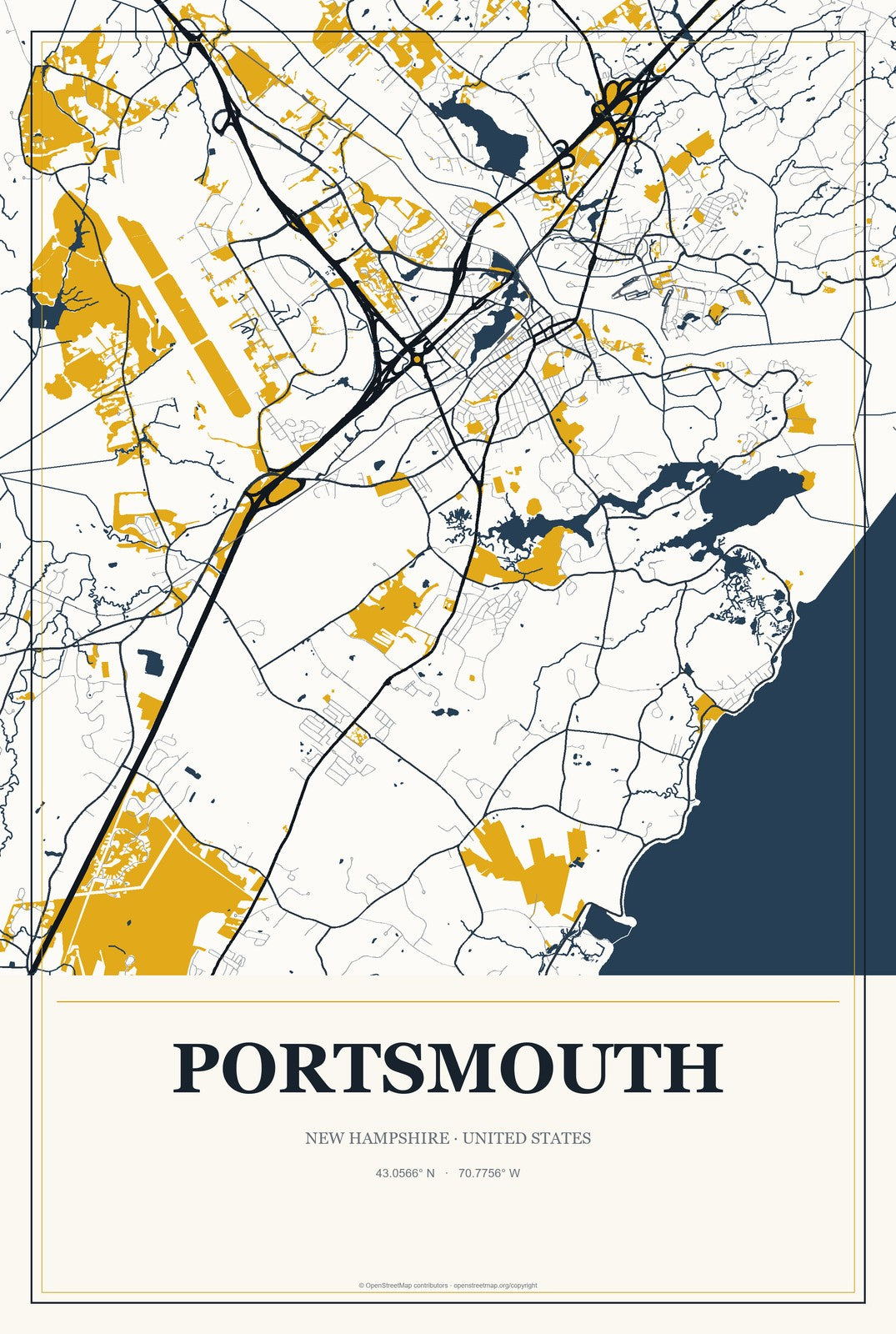 Portsmouth, New Hampshire City Map Aluminum Sign in Citrine Modern style