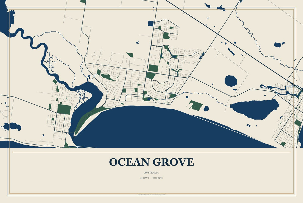 Ocean Grove, Australia City Map Aluminum Sign in Coastal Cutout style