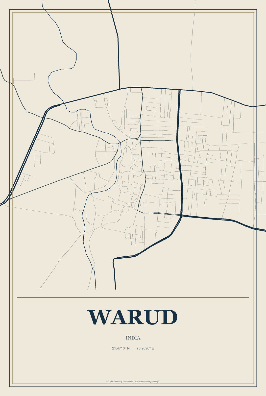 Warud, India City Map Aluminum Sign in Coastal Cutout style