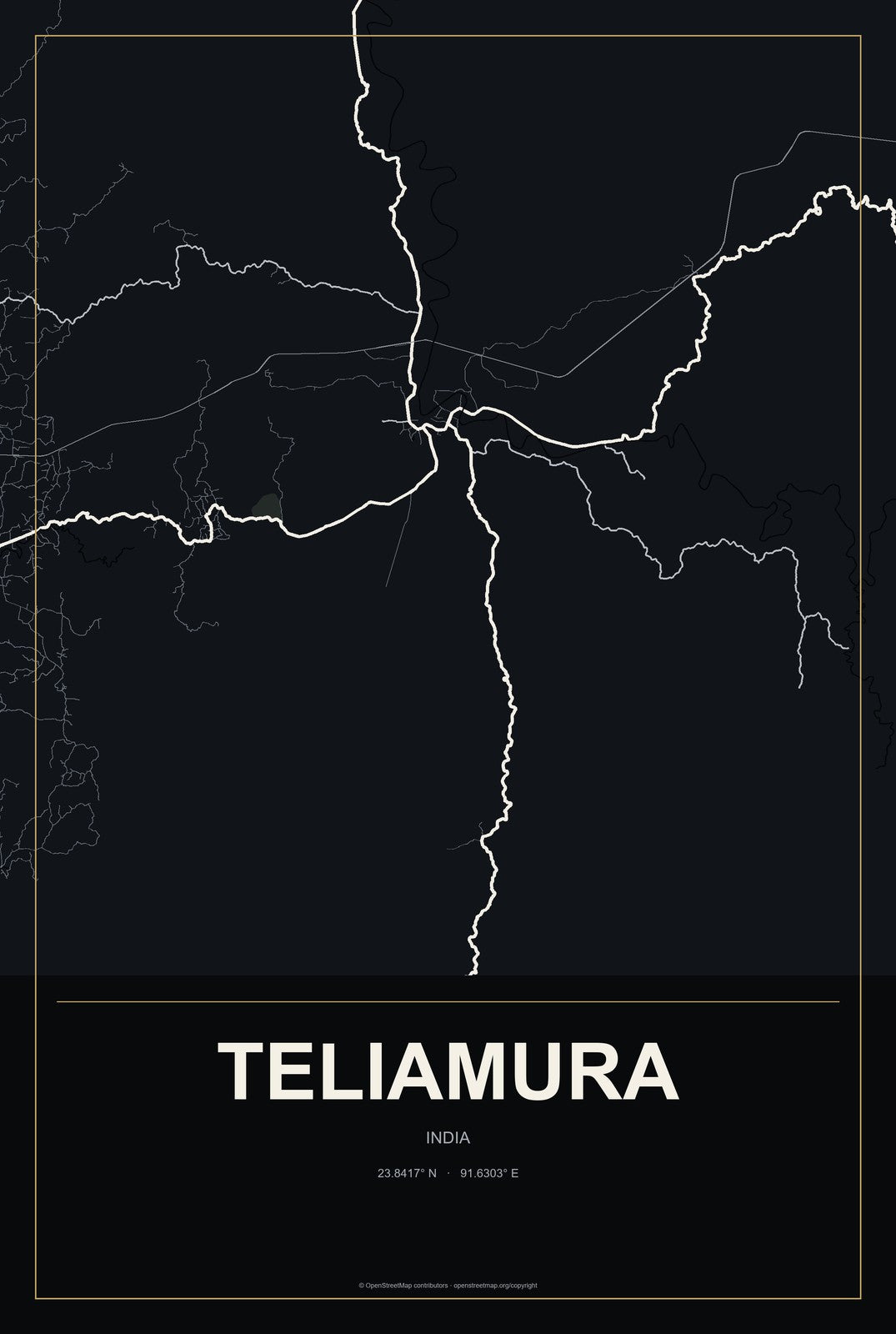 Teliamura, India City Map Aluminum Sign in Metropolitan Noir style