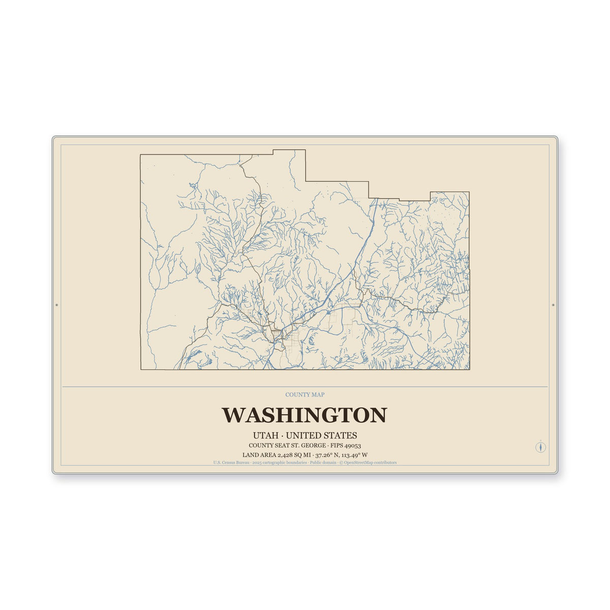 Washington County, Utah Map Aluminum Sign in Heritage Nautical style