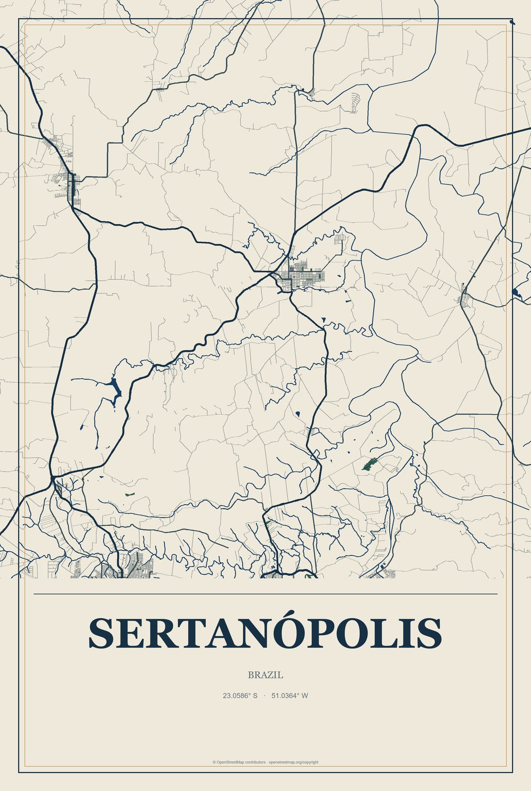 Sertanópolis, Brazil City Map Aluminum Sign in Coastal Cutout style