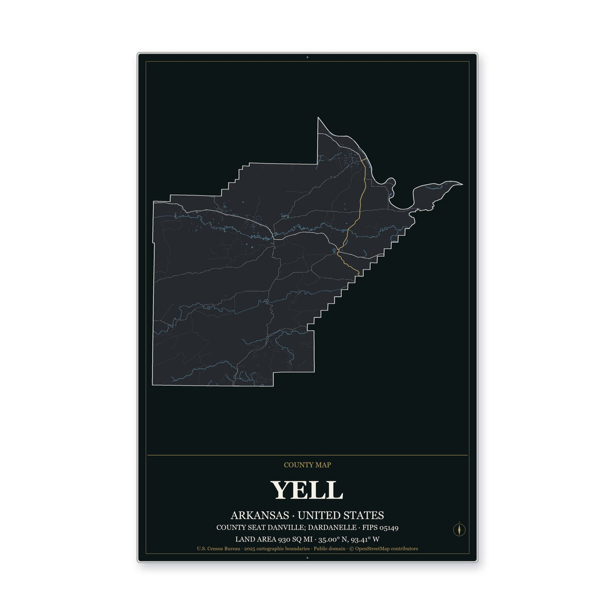 Yell County, Arkansas Map Aluminum Sign in Metropolitan Noir style