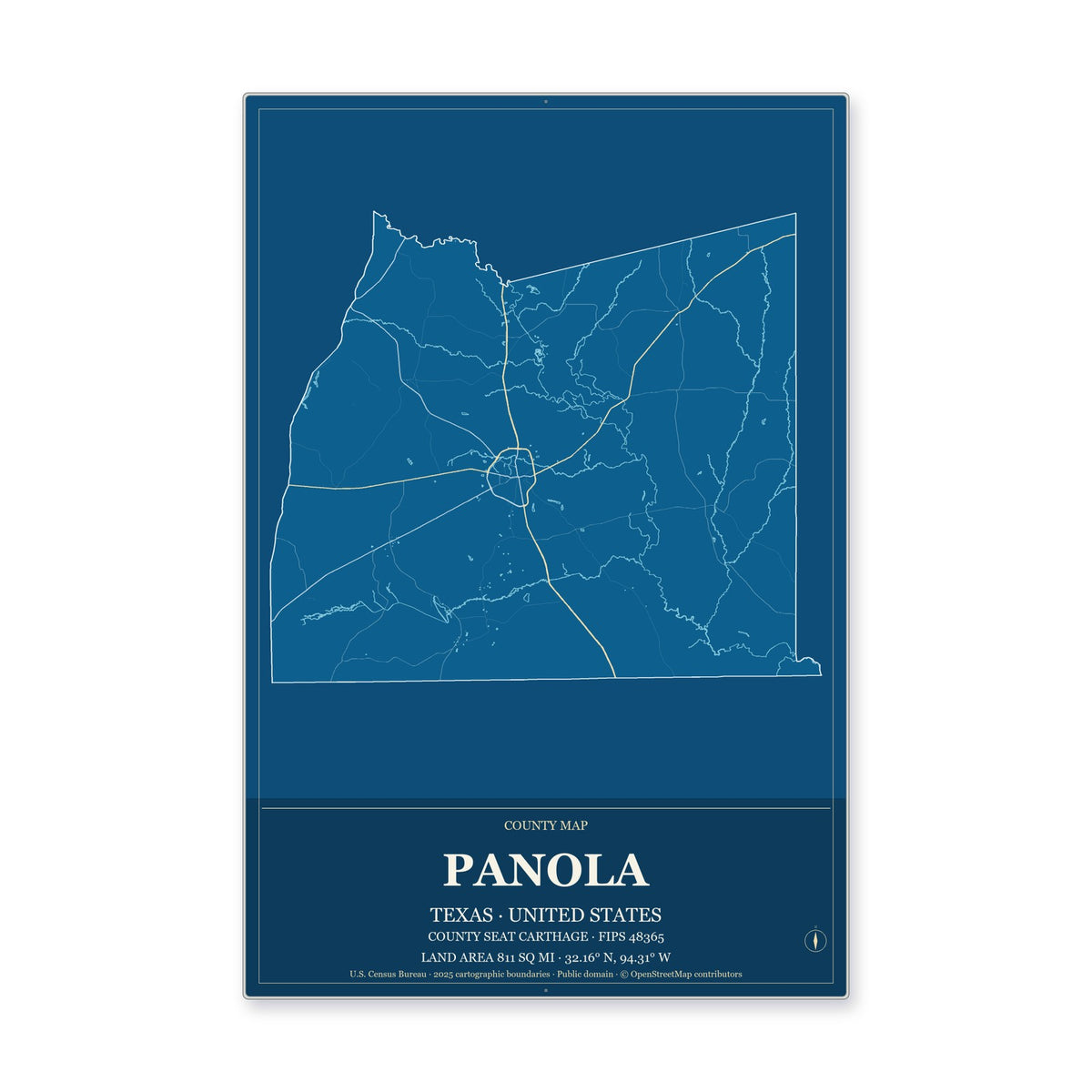Panola County, Texas Map Aluminum Sign in Harbor Cobalt style
