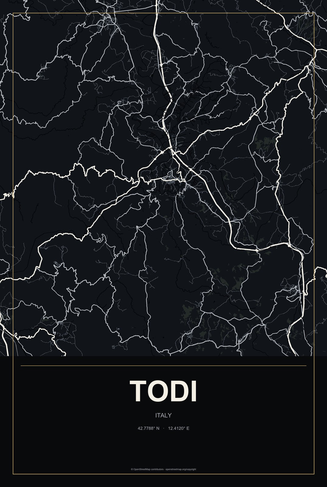 Todi, Italy City Map Aluminum Sign in Metropolitan Noir style
