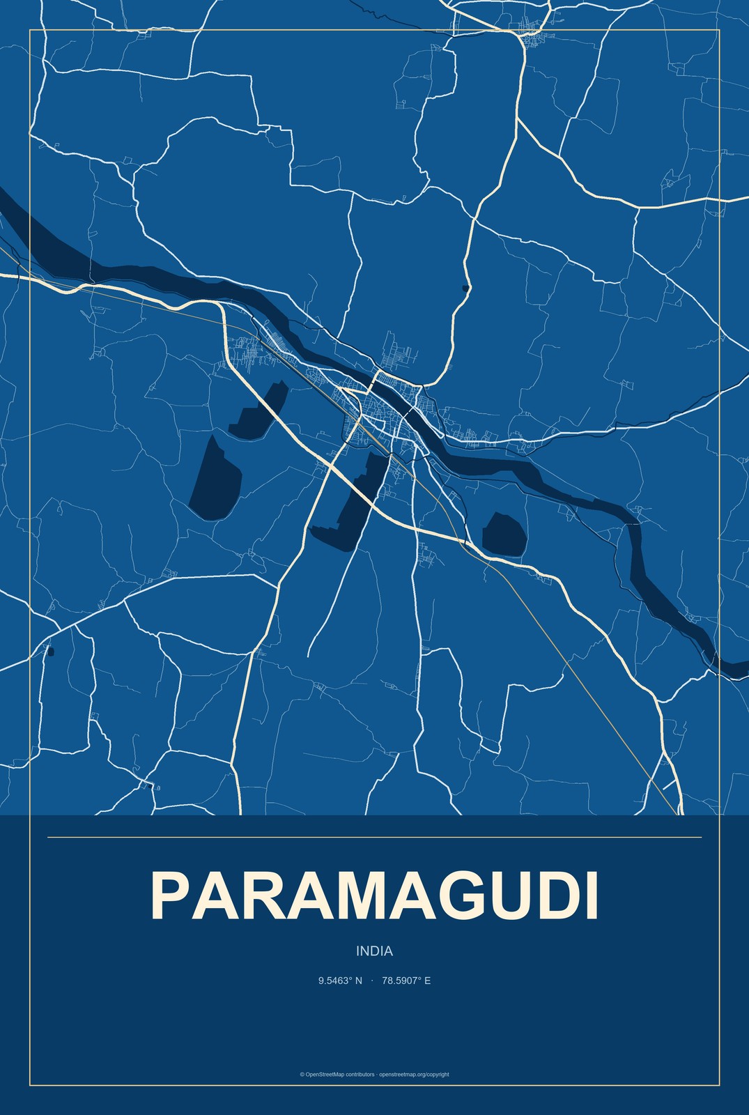 Paramagudi, India City Map Aluminum Sign in Harbor Cobalt style