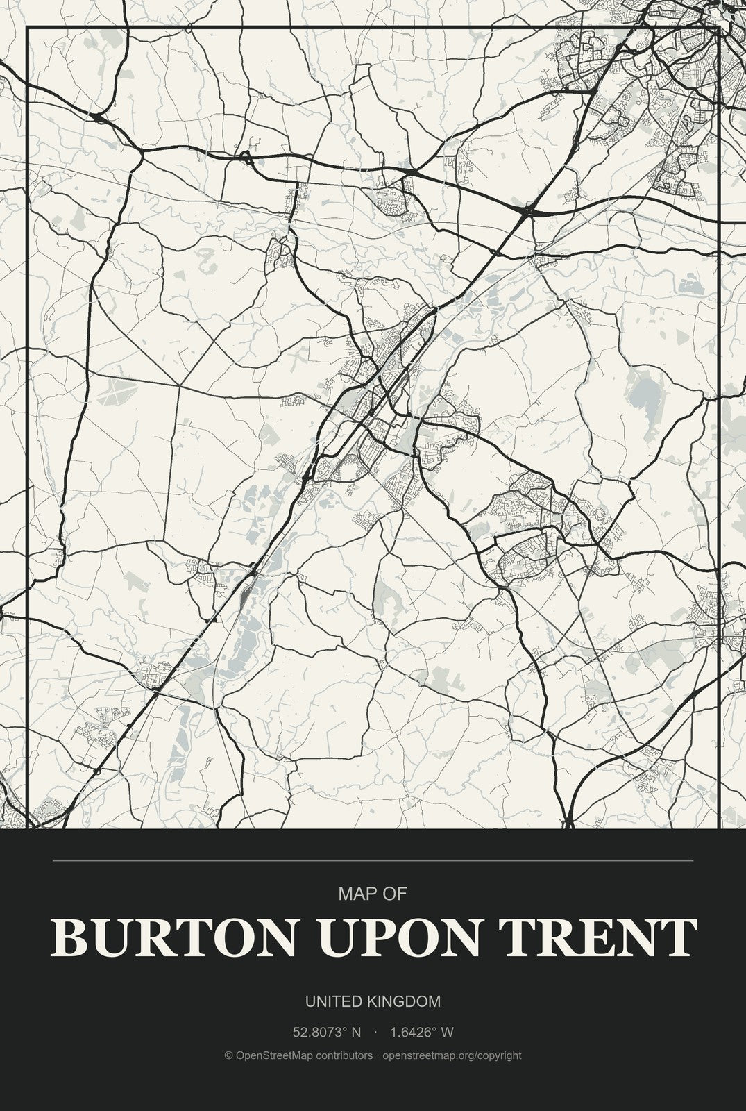 Burton upon Trent, United Kingdom City Map Aluminum Sign in Museum Plaque style