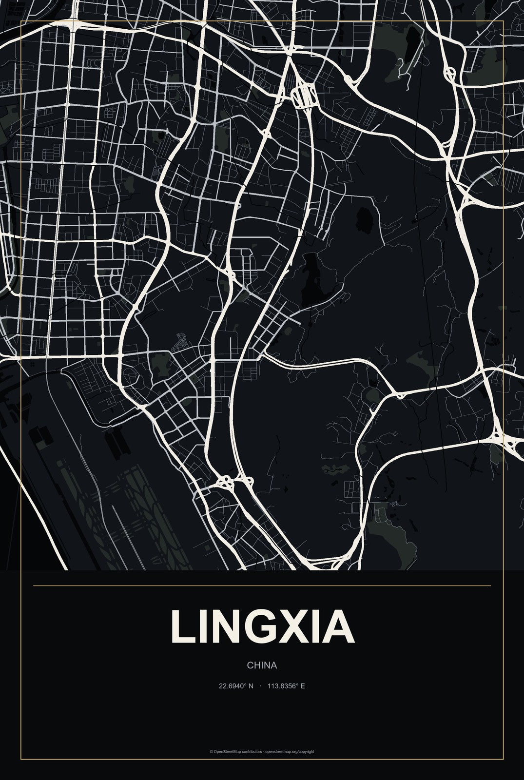 Lingxia, China City Map Aluminum Sign in Metropolitan Noir style