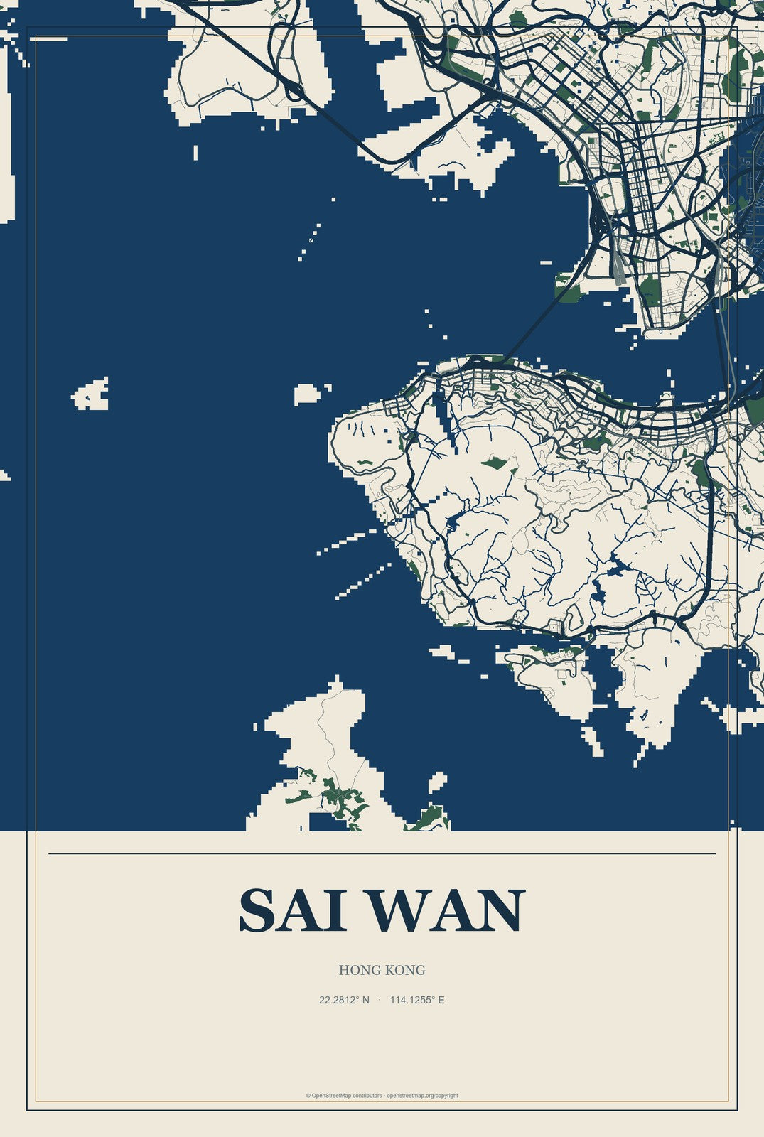 Sai Wan, Hong Kong City Map Aluminum Sign in Coastal Cutout style