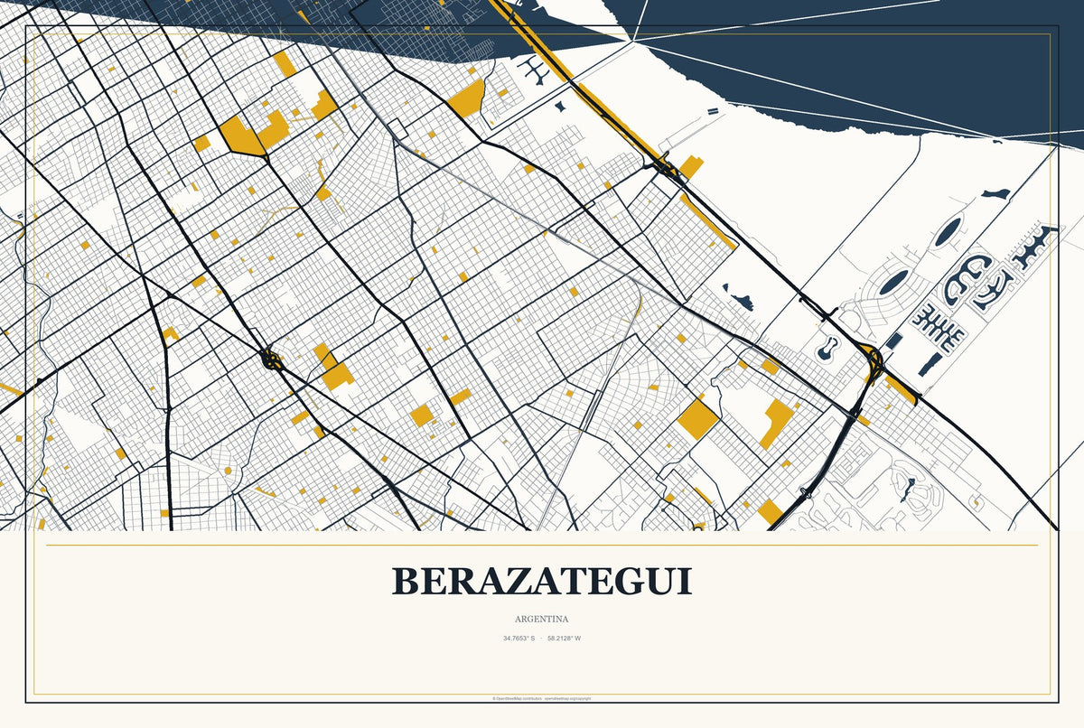 Berazategui, Argentina City Map Aluminum Sign in Citrine Modern style