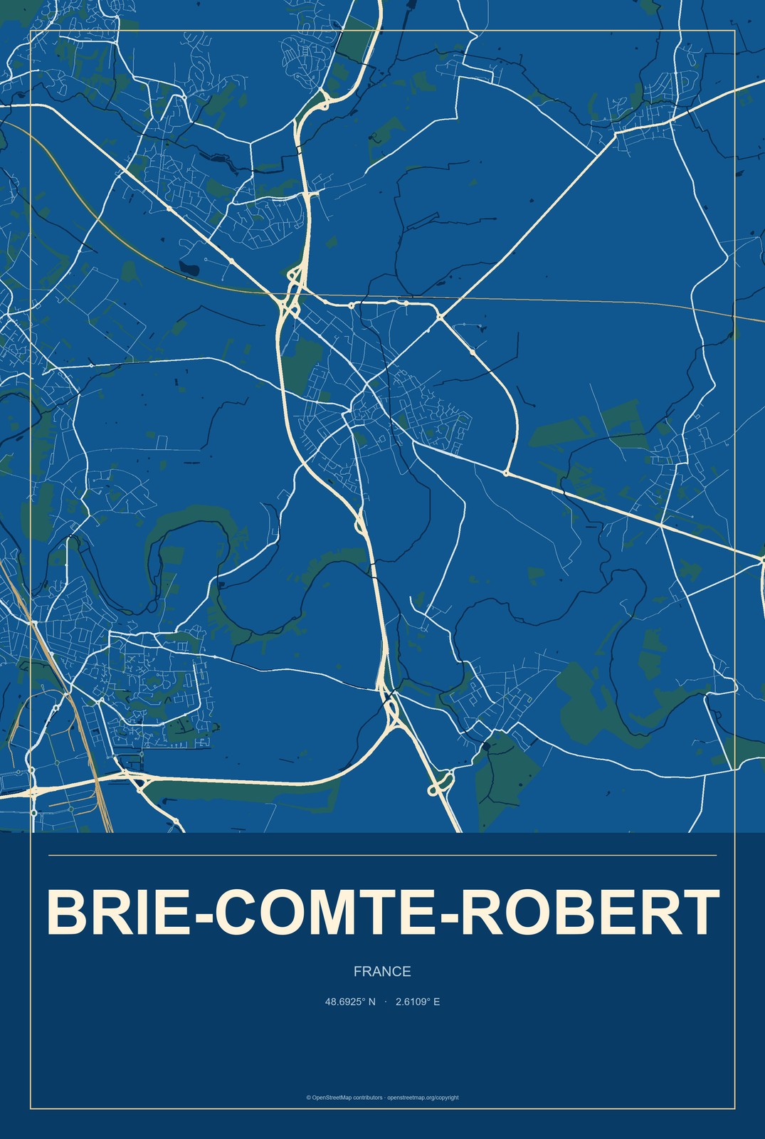 Brie-Comte-Robert, France City Map Aluminum Sign in Harbor Cobalt style
