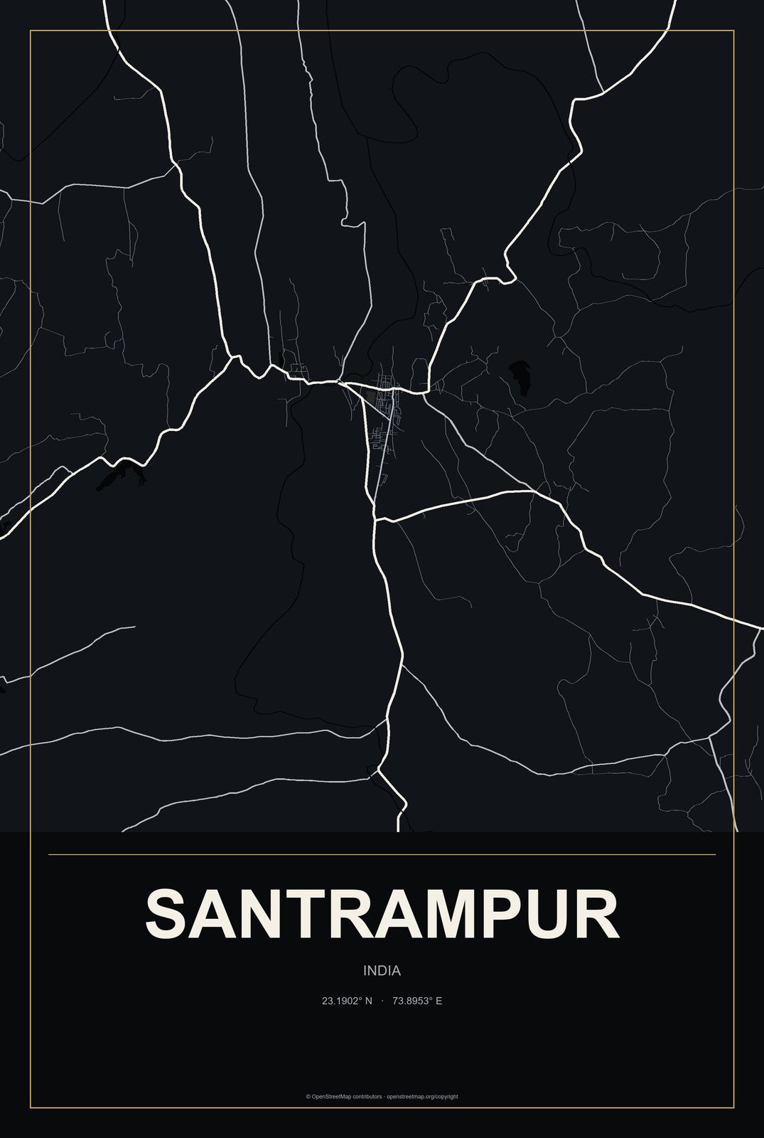 Santrampur, India City Map Aluminum Sign in Metropolitan Noir style