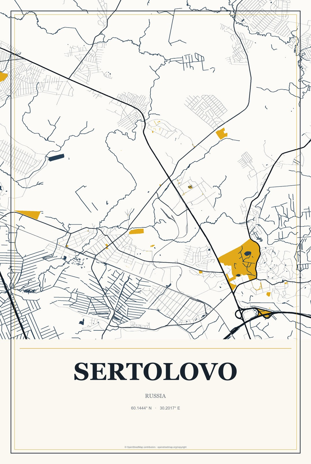 Sertolovo, Russia City Map Aluminum Sign in Citrine Modern style