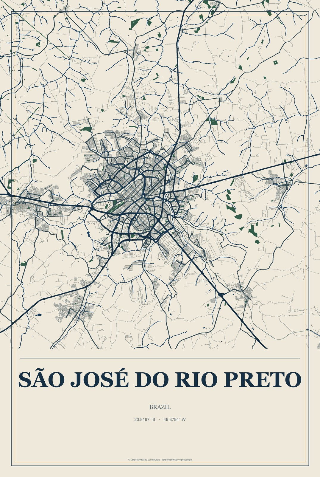 São José do Rio Preto, Brazil City Map Aluminum Sign in Coastal Cutout style
