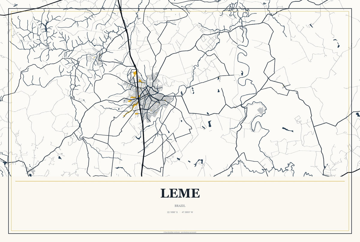 Leme, São Paulo, Brazil City Map Aluminum Sign in Citrine Modern style