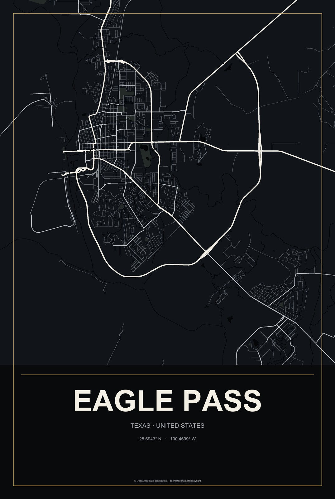 Eagle Pass, Texas City Map Aluminum Sign in Metropolitan Noir style