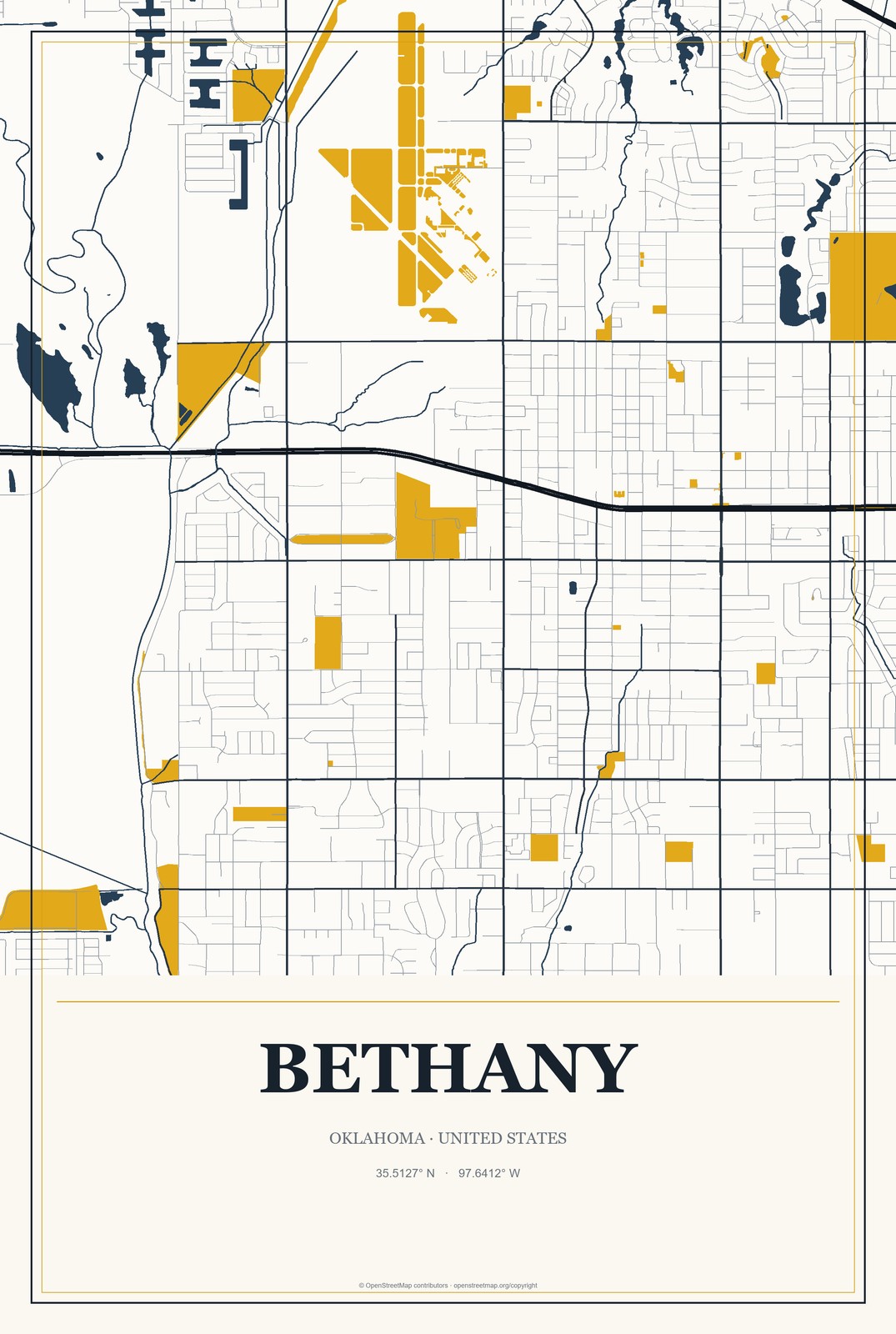 Bethany, Oklahoma City Map Aluminum Sign in Citrine Modern style