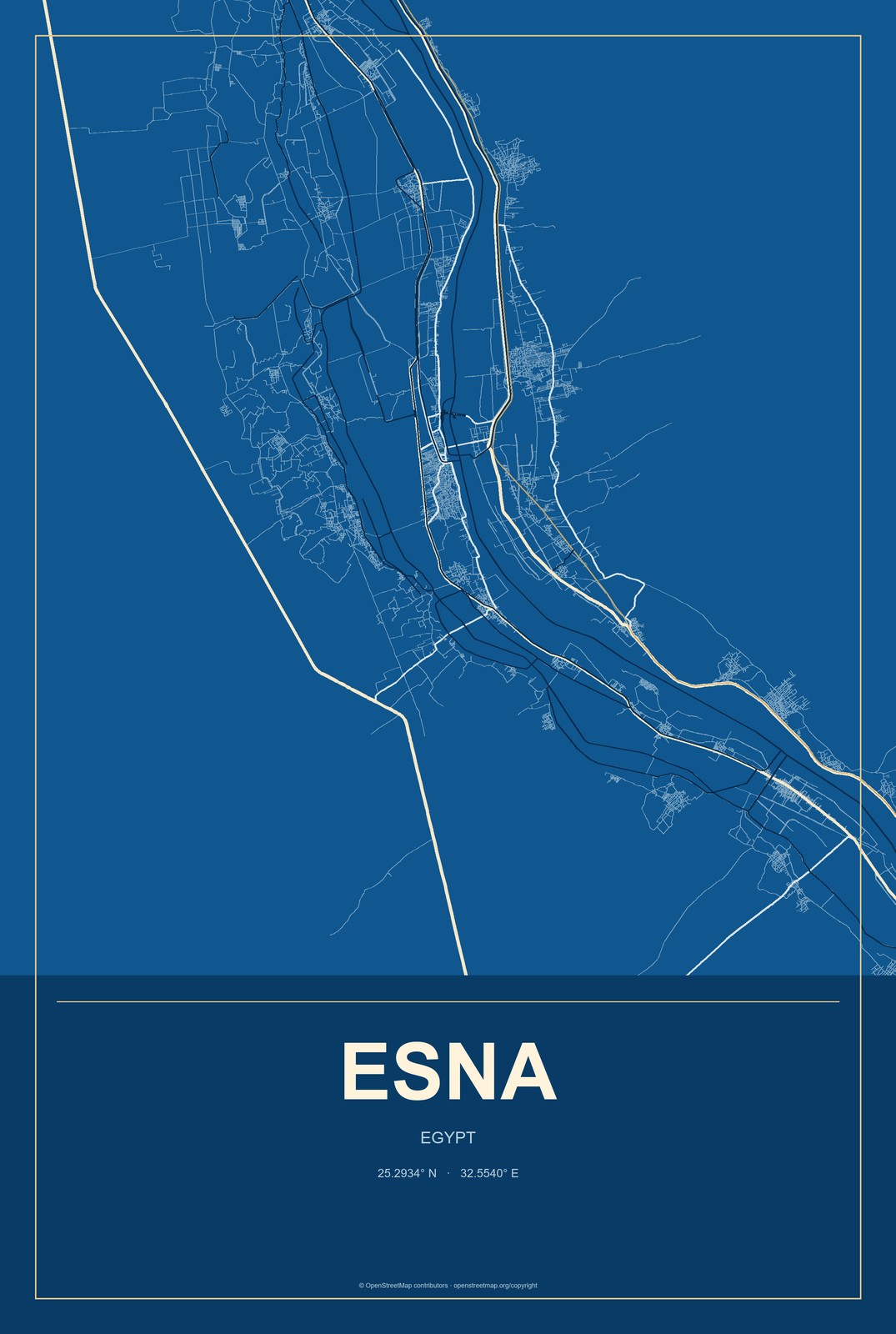 Esna, Egypt City Map Aluminum Sign in Harbor Cobalt style