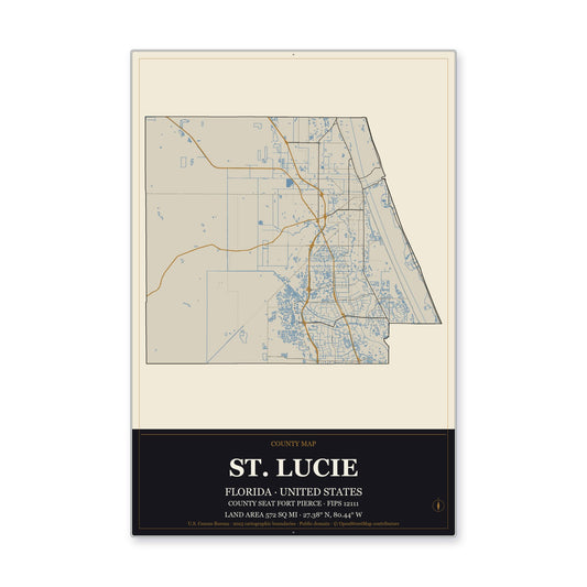St. Lucie County, Florida Map Aluminum Sign in Museum Plaque style