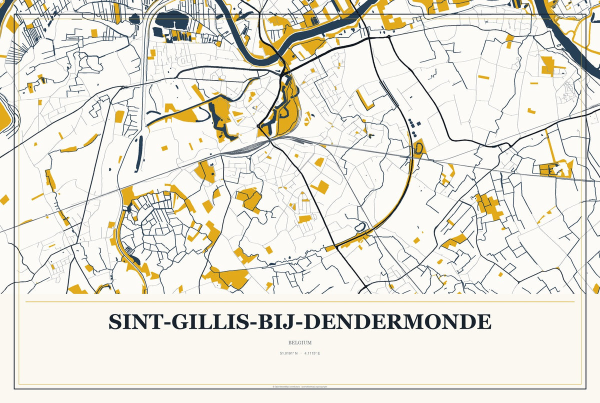 Sint-Gillis-bij-Dendermonde, Belgium City Map Aluminum Sign in Citrine Modern style