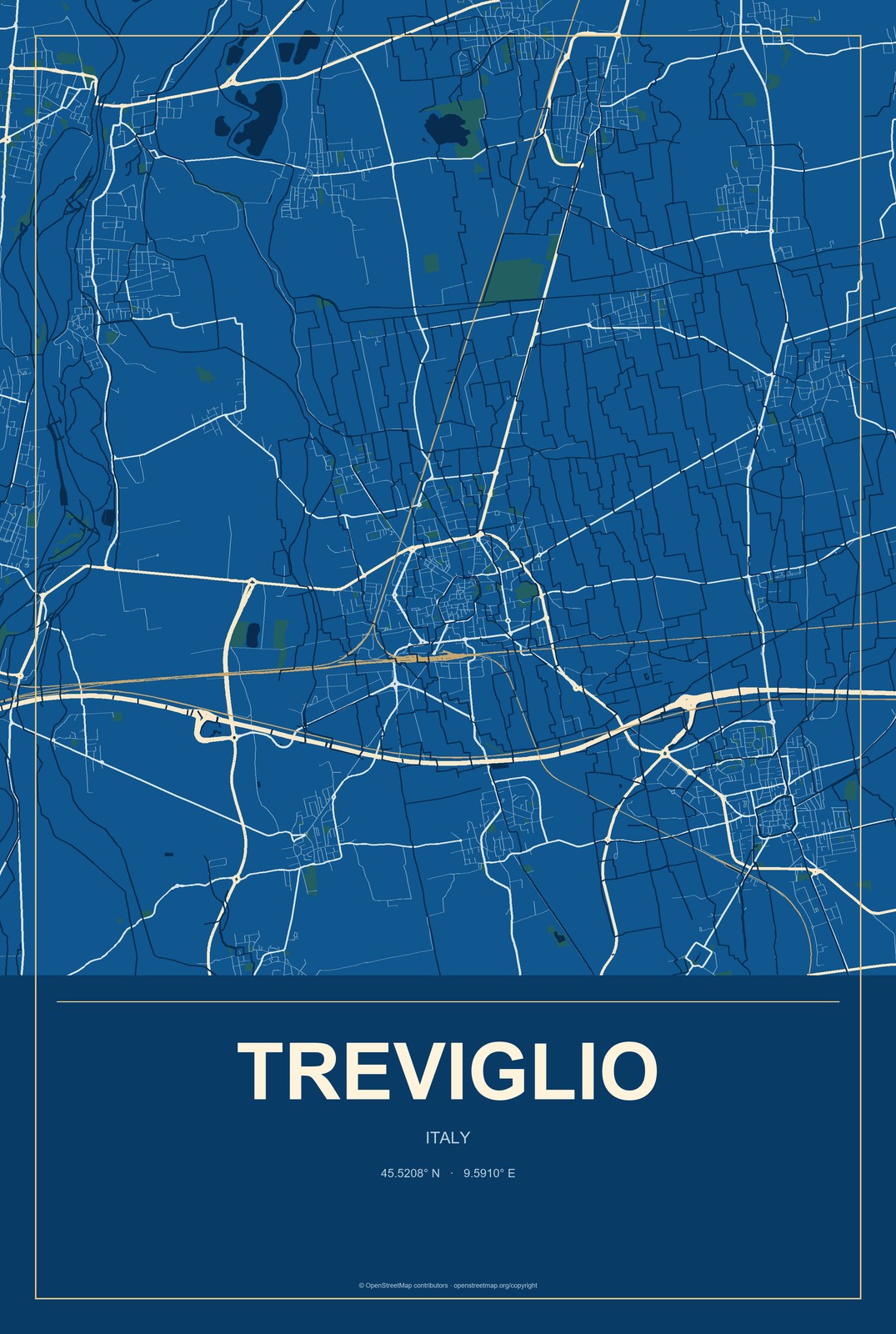 Treviglio, Italy City Map Aluminum Sign in Harbor Cobalt style
