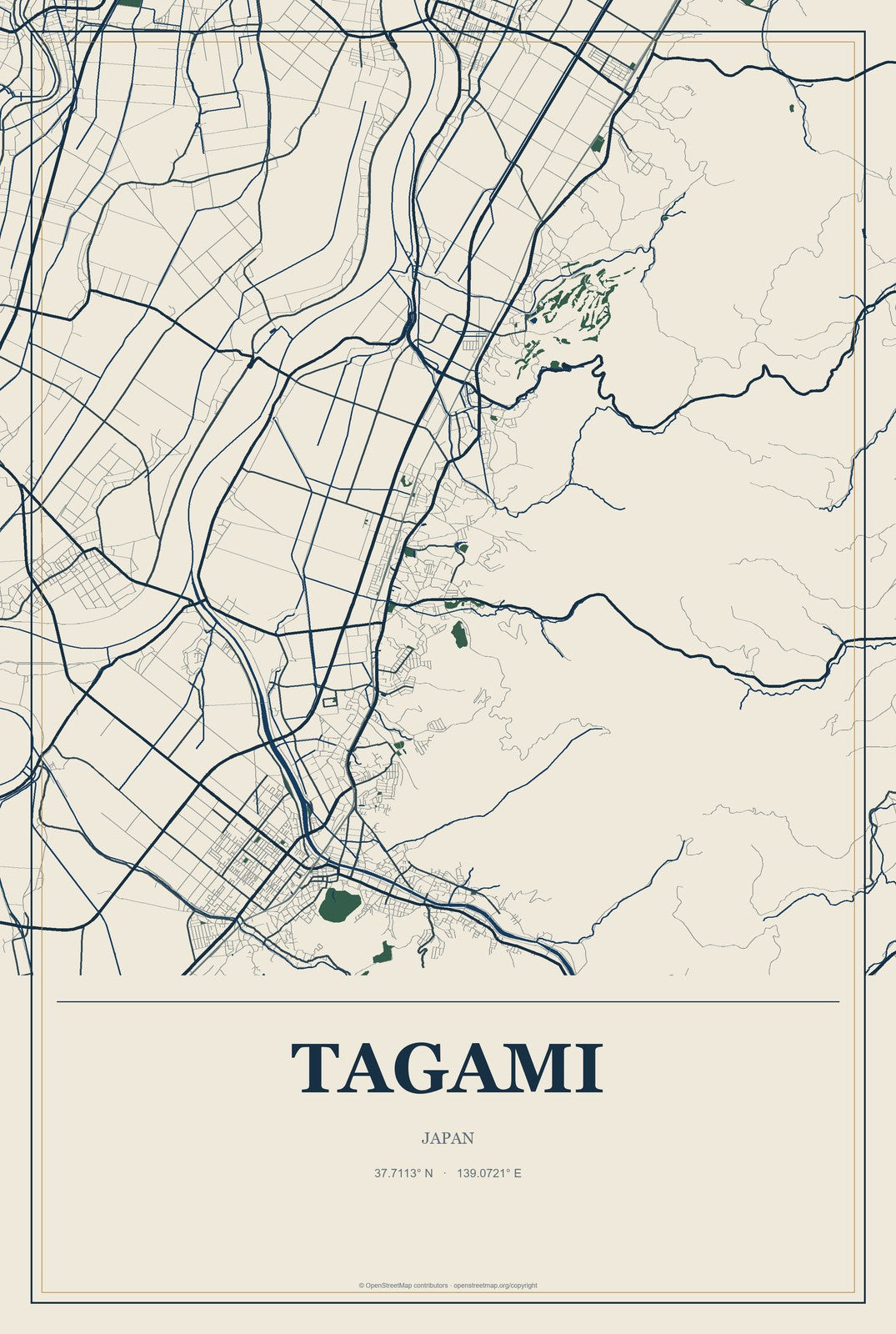 Tagami, Japan City Map Aluminum Sign in Coastal Cutout style