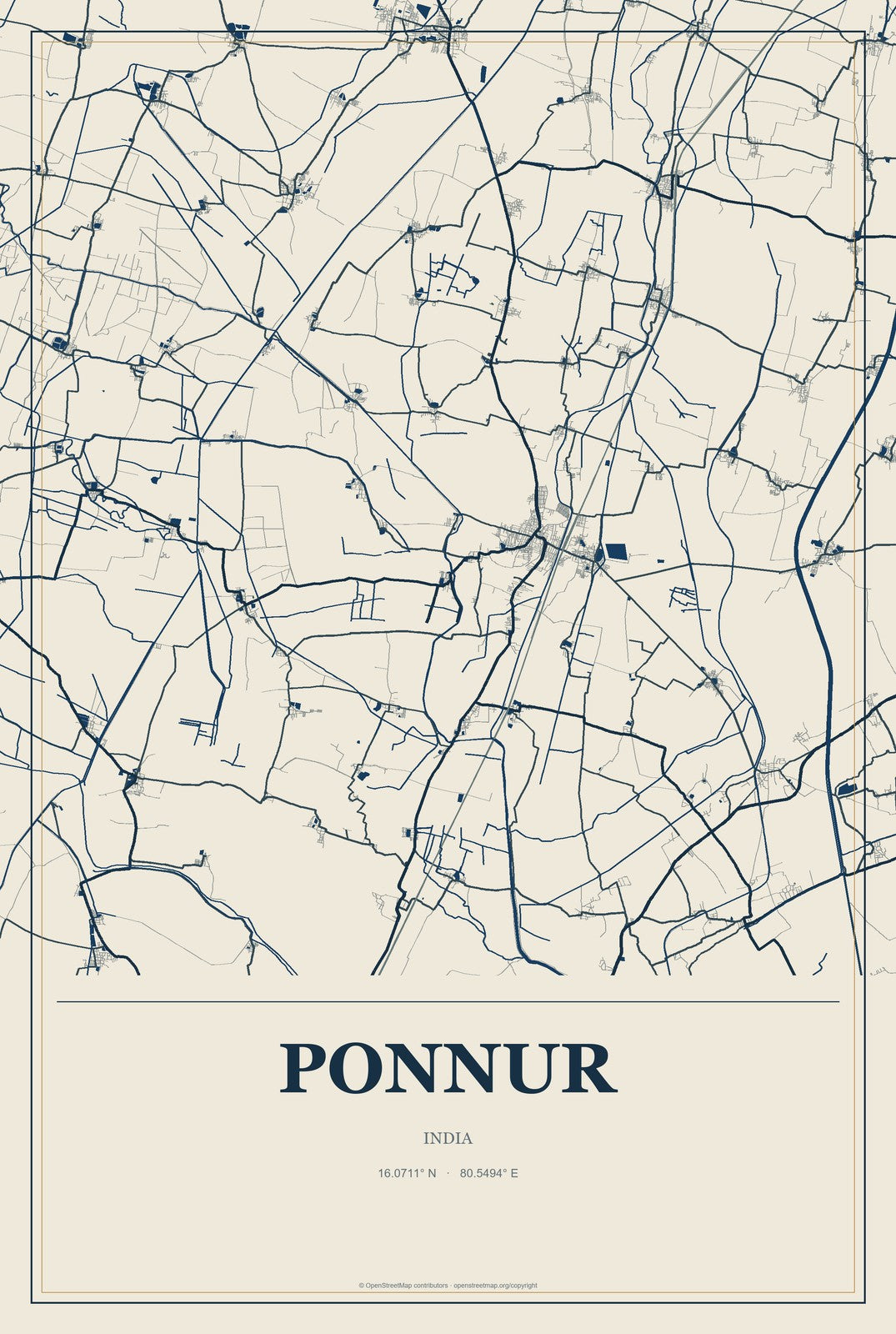 Ponnur, India City Map Aluminum Sign in Coastal Cutout style